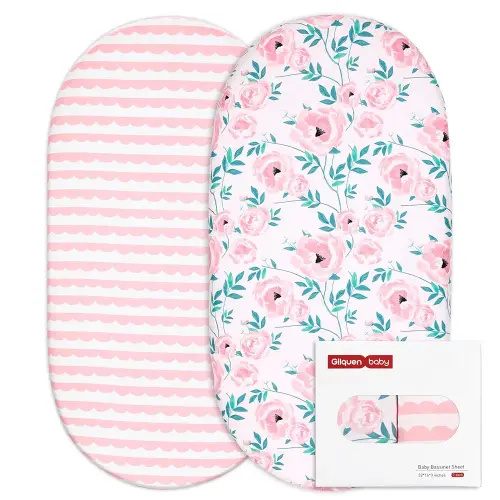 Gllquen Baby Bassinet Sheets Set 2-Pack, Breathable Cozy Bassinet Fitted Sheet Universal Fit Standard Mattress Oval Rectangle Cradle Baby Sheets for Baby Boy Girls Unisex 32"x16" (Pink Flower)