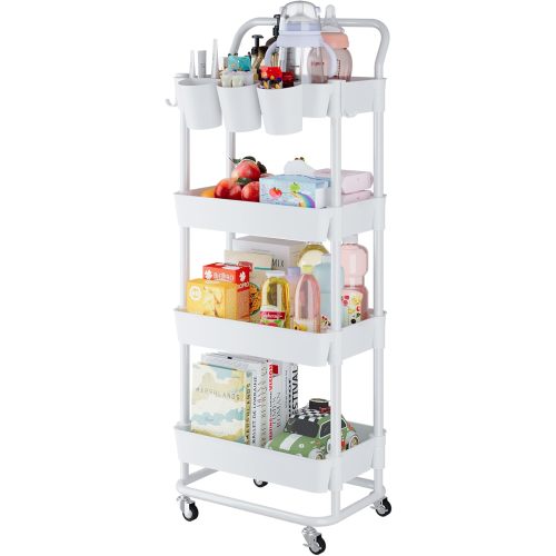 Buzowruil 4-Tier Rolling Utility Cart, Storage Cart with Handle Multi-Purpose and Locking Wheels,with Hanging Basket and Hook for Office, Kitchen, Bathroom,White