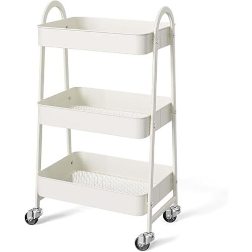 3 Tier Utility Rolling Cart, Metal Mobile Storage Shelf with Lockable Caster Wheels, for Office, Bathroom, Kitchen, Laundry Room & Narrow Places, White