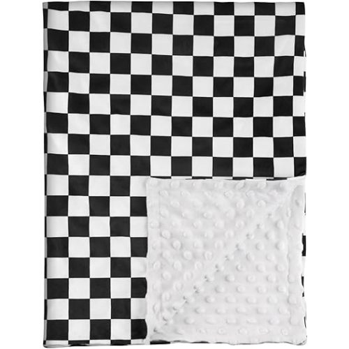 Checkered Baby Blankets for Boys, Comfy Durable Blanket with Double Layer Dotted Backing Checkerboard Grid Chessboard Gingham Bed Blankets for Newborn Infants Black, 30x40 Inches