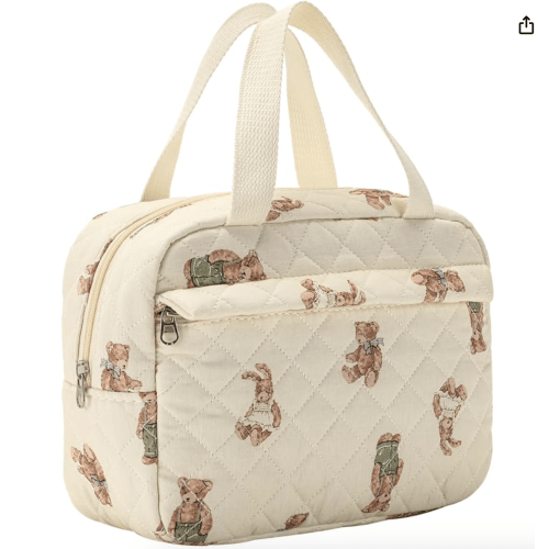 uekeboag Large Size Quilted Coquette Makeup Bag, Cute Preppy Floral Cotton Travel Cosmetic Organizer Bag with Top Handle, Multi-Layer Travel Toiletry Pouch for Girls (04Bear)