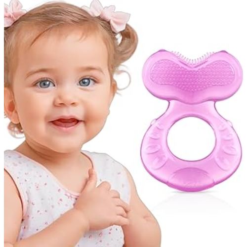 Nuby Silicone Teethe-EEZ Teether with Bristles, Includes Hygienic Case, Pink
