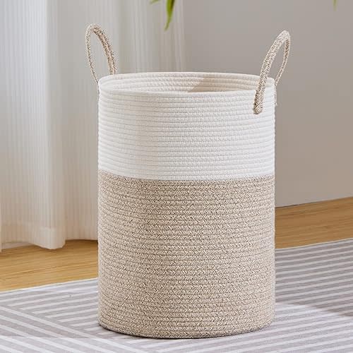 VIPOSCO Large Laundry Hamper, Tall Woven Rope Storage Basket for Blanket, Toys, Dirty Clothes in Living Room, Bathroom, Bedroom - 53L White & Brown