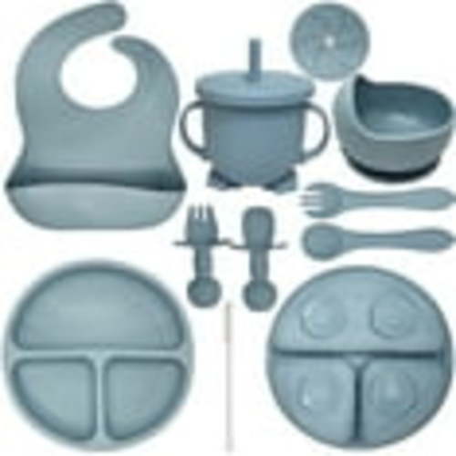 HippoBaby Baby Led Weaning Supplies | 10 Piece Silicone Feeding Set | Baby Toddler Bib Cup Divided Plate and Bowl Self Feeding Spoons Dish Set | Toddler Feeding Supplies (Sky)