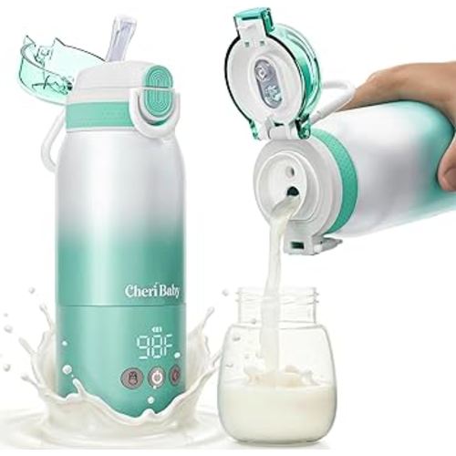 Portable Bottle Warmer for Travel — Novel Straw Lid, 80W Fast Heating, Dual Heating Modes for Breasmilk & Formula, 5 Temp Settings + Keep Warm, 12 Ounces Bottle Warmer On-The-Go Meet All-Day Needs