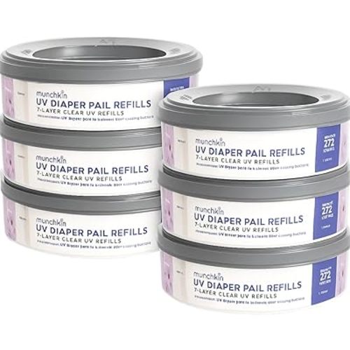 6 Munchkin UV Diaper Pail Refills, 7-Layer Clear Rings, 6 Count, Holds 1,632 Diapers
