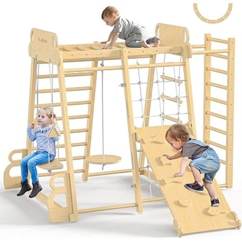 BlueWood Upgraded Indoor Playground 9-in-1 Jungle Gym Kids Climbing Toys, Waldorf Style Wooden Climber Playset with Slide, Swing, Monkey Bars, Upright/Rope Ladder, Climb Net, Natural Wood