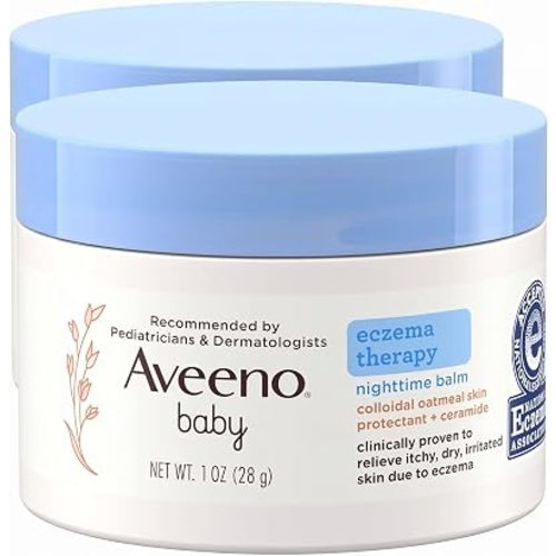 Aveeno Baby Eczema Therapy Nighttime Moisturizing Balm, Colloidal Oatmeal & Ceramide, Soothes & Relieves Dry, Itchy Skin from Eczema, Hypoallergenic, Fragrance-Free, Travel Size, 1 oz (Pack of 2)