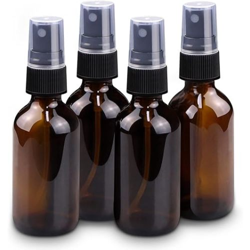 Wedama 4 oz Mini Glass Spray Bottles, Empty Small Spray Bottles with Funnel Dropper, Fine Mist for Hair, Travel, Plants, Cleaning Solutions and Skin Care (4 Pack Amber)