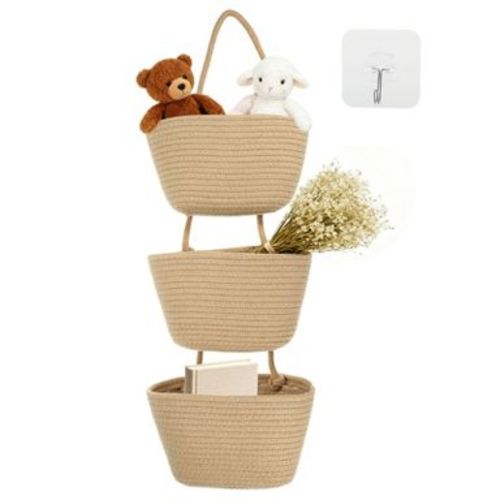 Unique Bargains Wall Mounted 3 Tier Cotton Rope Woven Bedroom Hanging Basket Khaki