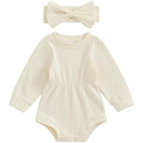 Karwuiio Newborn Baby Girl Fall Outfits Long Sleeve Ribbed Knit Jumpsuit Romper with Headband Infant Clothes Sets