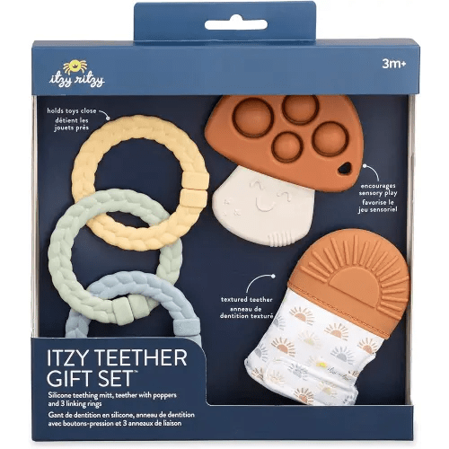 Itzy Ritzy Teething Toy Gift Set - Includes 1 Teething Mitt with Crinkle Sounds, 1 Sensory Popper Toy & 3 Textured Linking Rings - Ideal for Sensory Play, Soothing Relief and Engaging Baby