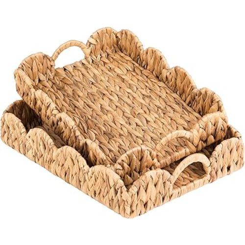 Large Rectangle Serving Tray, 2-Pack Rattan Scalloped Tray with Handles, Wicker Trays for Decor, Hand-Woven Water Hyacinth Coffee Table Tray for Home Decoration