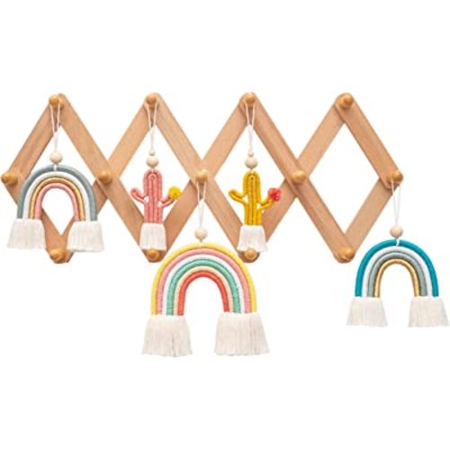 Expandable Accordion Style Mounted Wooden Wall Rack | 13 Hooks | Versatile Coat Hangers for Nursery Bathroom Bedroom Livingroom Kitchenware | Natural Beech Wood Pegs