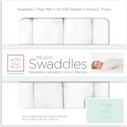 SwaddleDesigns Cotton Muslin Swaddle Blankets, Set of 4, Receiving Blankets for Baby Boys & Girls, Best Shower Gift, 46x46 inches, Pure White