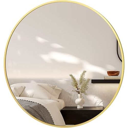 Round Mirror, Gold Round Mirror 20 Inch Round Bathroom Mirror Round Wall Mirror Brushed Metal Frame Anti-Rust Tempered Glass Mirror for Bathroom Bedroom Entryway Living Room