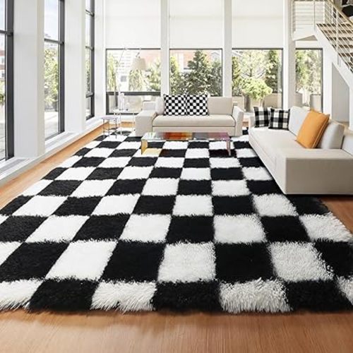 KICMOR 8x10 Area Rugs for Living Room, Large Fluffy Rug for Bedroom, Soft Plush Black and White Checkered Rug Big Fuzzy Shag Shaggy Carpets for Boys Girls Teen Room Dorm Nursery Home Decor Aesthetic