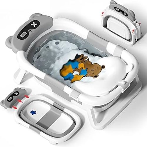AVIDOR Baby Bathtub,Collapsible Bathtub for Newborn to Toddler,Durable Essential Infant Bath Tub,Portable Travel Baby Tub with Soft Cushion,No-Slip Hanging and Detachable(Grey)