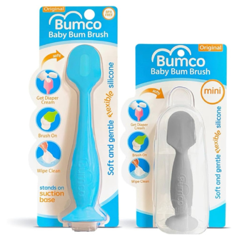 Bumco Baby Bum Brush + Mini Baby Diaper Cream Spatula with Case - BPA-Free Silicone Diaper Spatula with Suction Cup, Wipe-Clean, Mom-Invented Butt Paste Applicator (Blue & Gray)