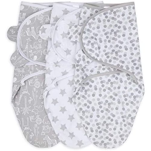 The Peanutshell Baby Swaddle Blankets for Boys or Girls, Grey Safari Animals & Stars, 3 Pack Wrap Set (Small/Medium)