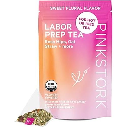Pink Stork Labor Prep Tea, Organic Red Raspberry Leaf with Chamomile and Rosehip, Caffeine-Free, Pregnancy Must Haves, Labor and Delivery Essentials, Third Trimester Pregnancy - 15 Sachets