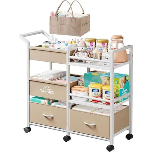 Baby Diaper Caddy Organizer, 3 Tier Rolling Storage Cart with Dividers and Drawers, Bedside Utility Cart for Nursery Essentials, Large Capacity Mobile Storage Cart for Crib, Bedroom