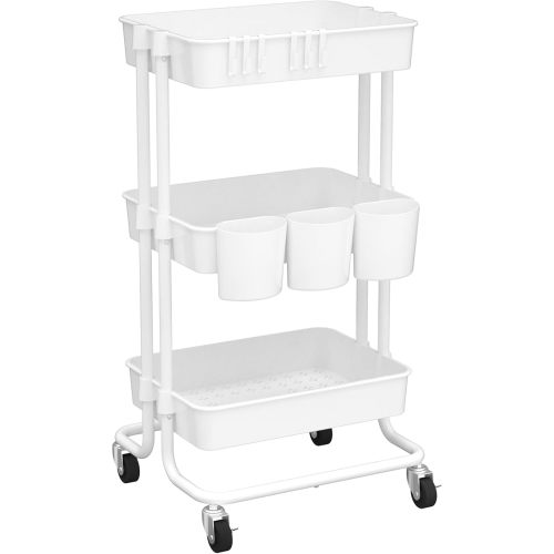 CAXXA 3-Tier Rolling Storage Organizer with 3 Small Baskets - Mobile Utility Cart with Caster Wheels (White)
