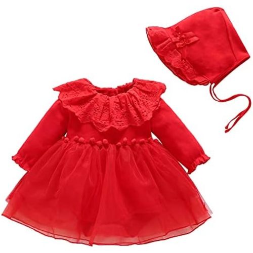 Toddler Baby Girl Long Sleeve Fall Dress Flower Lace Wedding First Birthday Baptism Christening Dresses with Hat Outfit