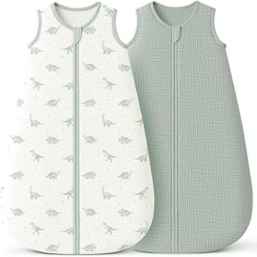 Konssy Muslin Baby Sleep Sack 0-6 Months 0.8 TOG, 2 Pack 100% Cotton Wearable Blanket for Babies, 2-Way Zipper Breathable Sleeping Sack Infant Toddler Essentials for Girls and Boys (Green Dino,Green)