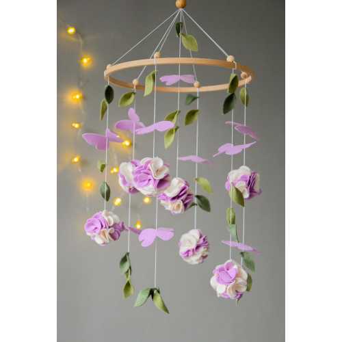 Purple white flowers baby nursery mobile, Butterfly baby crib mobile, Baby shower gift, leaf cot mobile, Nursery mobile for baby girl, Baby