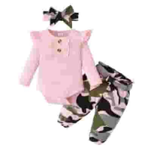Infant Baby Girl Clothes Baby Girl Outfits Long Sleeve Romper Top Camouflage Pants Headband 3PCS Set Pink 6-9 Months
