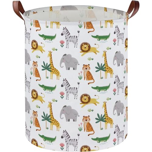 Essme Kids Laundry Basket,Animal Hamper Collapsible Canvas Waterproof Storage Bin for Boys, Cute Hamper,Gift Baskets(Playful Animals)