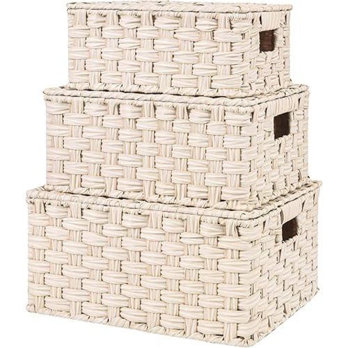 GRANNY SAYS Wicker Storage Baskets with Lids, Set of 3 Decorative Storage Boxes, Woven Baskets for Storage, Baskets for Organizing, Nesting Woven Basket for Shelves, Butter Milk, 3-Pack