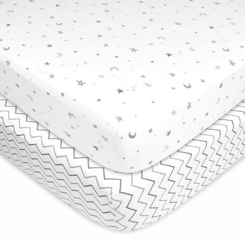 American Baby Company 2 Pack 100% Natural Cotton Fitted Crib Sheets 52" x 28" - Soft, Breathable, Hypoallergenic & Gentle Toddler Bed Sheets, Gray Star/Gray Zigzag, Neutral for Boys & Girls