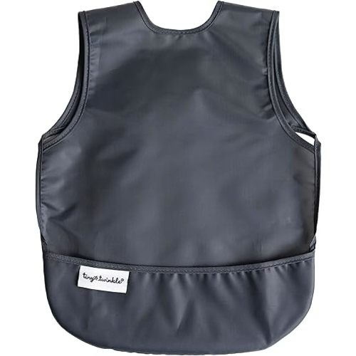 Tiny Twinkle Mess Proof Baby Bib - Waterproof Apron Machine Washable PVC, BPA, & Phthalate Free Great Travel for Eating Food Bibs (Charcoal, Small 6-24 Months) 3 ounces