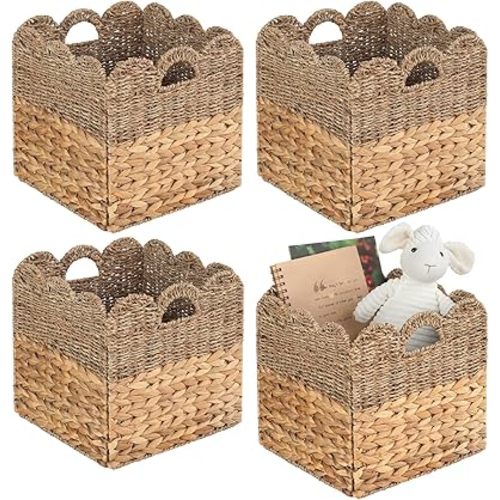 Set of 4 Foldable Scalloped Hyacinth & Seagrass Storage Cubes Basket, Storage Cube Bins -12"x12"x12", Collapsible Cube Organizers, Hyacinth Mix Seagrass Baskets for Bathroom, Bedroom, Laundry, Shelves