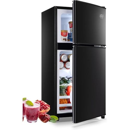 Refrigerator with Freezer, 3.5 Cu.Ft Mini Fridge,Lock Fresh,7 Level Adjustable Thermostat ct for Dorm, Bar, Office,Kitchen, Bedroom,Black, (KB02 FLS-80-BLACK-4)