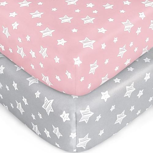 Crib Sheets for Girls 2 Pack, Fitted Crib Sheet for Standard Size Crib and Toddler Mattresses, Soft and Breathable Material, Grey & Pink