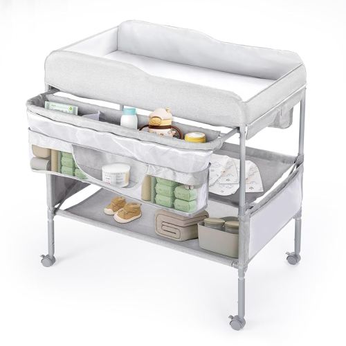 Portable Baby Changing Table, Foldable Diaper Changing Station with Waterproof Pad, Mobile Nursery Organizer for Infant & Newborn Essentials, Grey