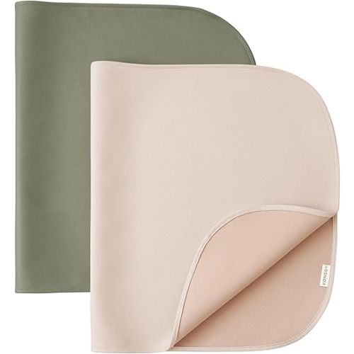 Konssy 2 Pack Faux Leather Baby Changing Mat 30"x17", Foldable and Wipeable Portable Changing Pad, Waterproof and Soft for Travel or Home Use (Fog Green,Beige)