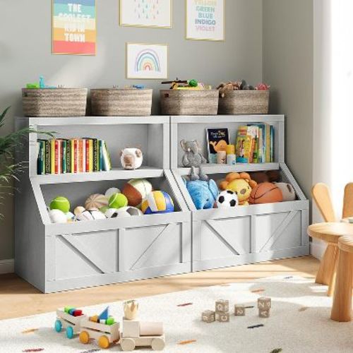 Kids Bookshelf & Toy Organizer Bin - 2-Tier Storage Cabinet with Shelves for Playroom, Bedroom, Classroom