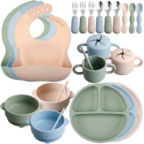 5pcs Baby Feeding Set Including 1 Plate, 1 Bowl, 1 Bib, 1 Fork And 1 Spoon,  Silicone Anti-slip Suction Feeding Bowl With Silicone Spoon And Adjustable  Bib, Waterproof And Quick-drying Bib With