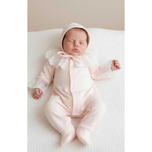 Pink Lace Baby Romper & Hat  Set — Personalized Name Embroidery