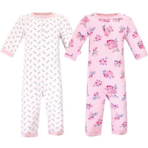 Hudson Baby Infant Girl Premium Quilted Coveralls 2pk, Pink Navy Floral, 3-6 Months