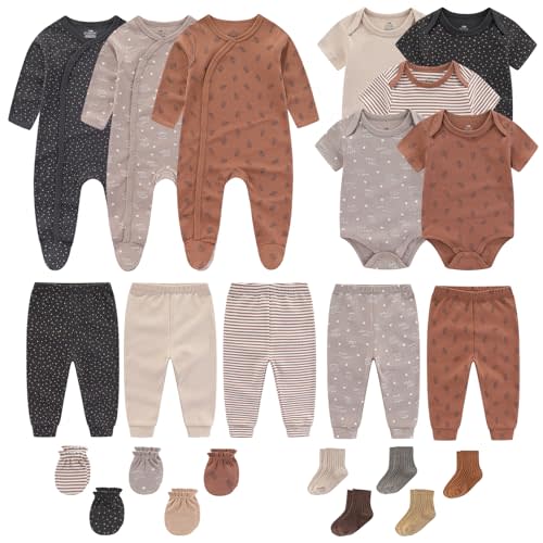 Newborn Baby Girl Boy Clothes Cotton Ribbed Mix Layette Gift Set | Unisex bodysuit pant outfits 23 Pcs, new born clothing and accessories 0-12 month