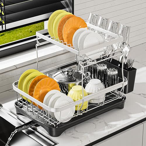 Dish Drying Rack Kitchen 2-Tier 304 Stainless Steel Dish Racks for Kitchen Counter,Dish Strainer with Adjustable Draining Tray,Drying Rack with Water Cup Hook & Cutlery Holder,Black