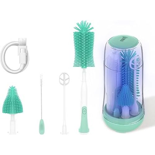 Bottle Brush Cleaner, Electric Bottle Brush, Electric Travel Baby Bottle Brush Set with Silicone Bottle/Pacifier/Straw Brush/Mixing Head and Drying Rack, Rechargeable