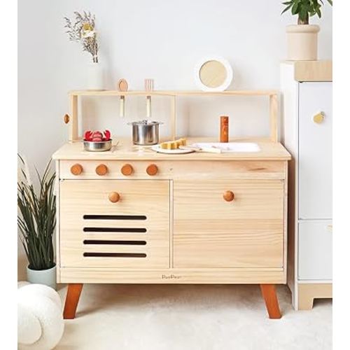 PairPear Play Kitchen for Kids, Natural Wooden Kids Kitchen Playset with Toy Kitchen Cooking Set Play Food, Pretend Play Kids Play Kitchen Toys Gift for Ages 3+