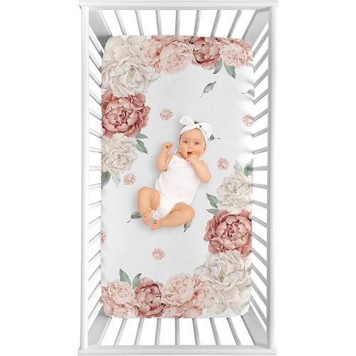 Sweet Jojo Designs Blush Pink Boho Shabby Chic Floral Girl Fitted Crib Sheet Baby Toddler Bed Nursery Photo Op Ivory Bohemian Vintage Garden Watercolor Flower Nature Elegant Pastel Light Dusty Rose