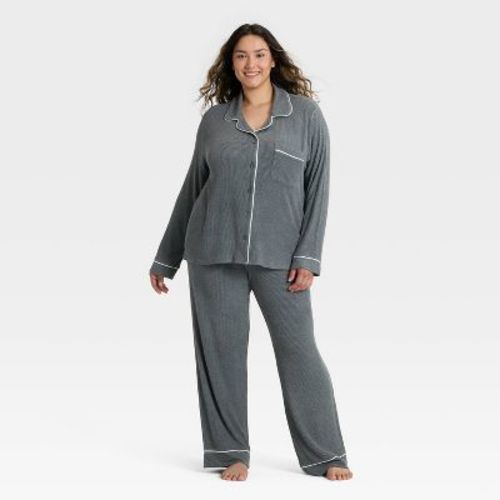 Women's Cozy Ribbed Notch Collar Long Sleeve Shirt and Pants Pajama Set - Auden™